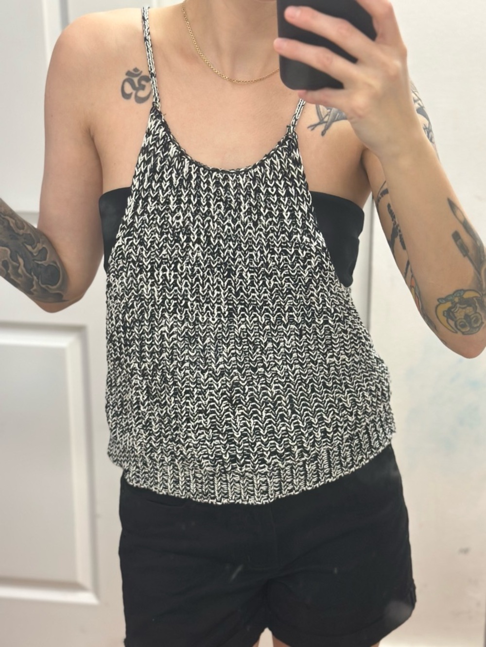 MJ. Watson Woven Cotton Knit Spaghetti Strap Tank Top - Black & White Italy